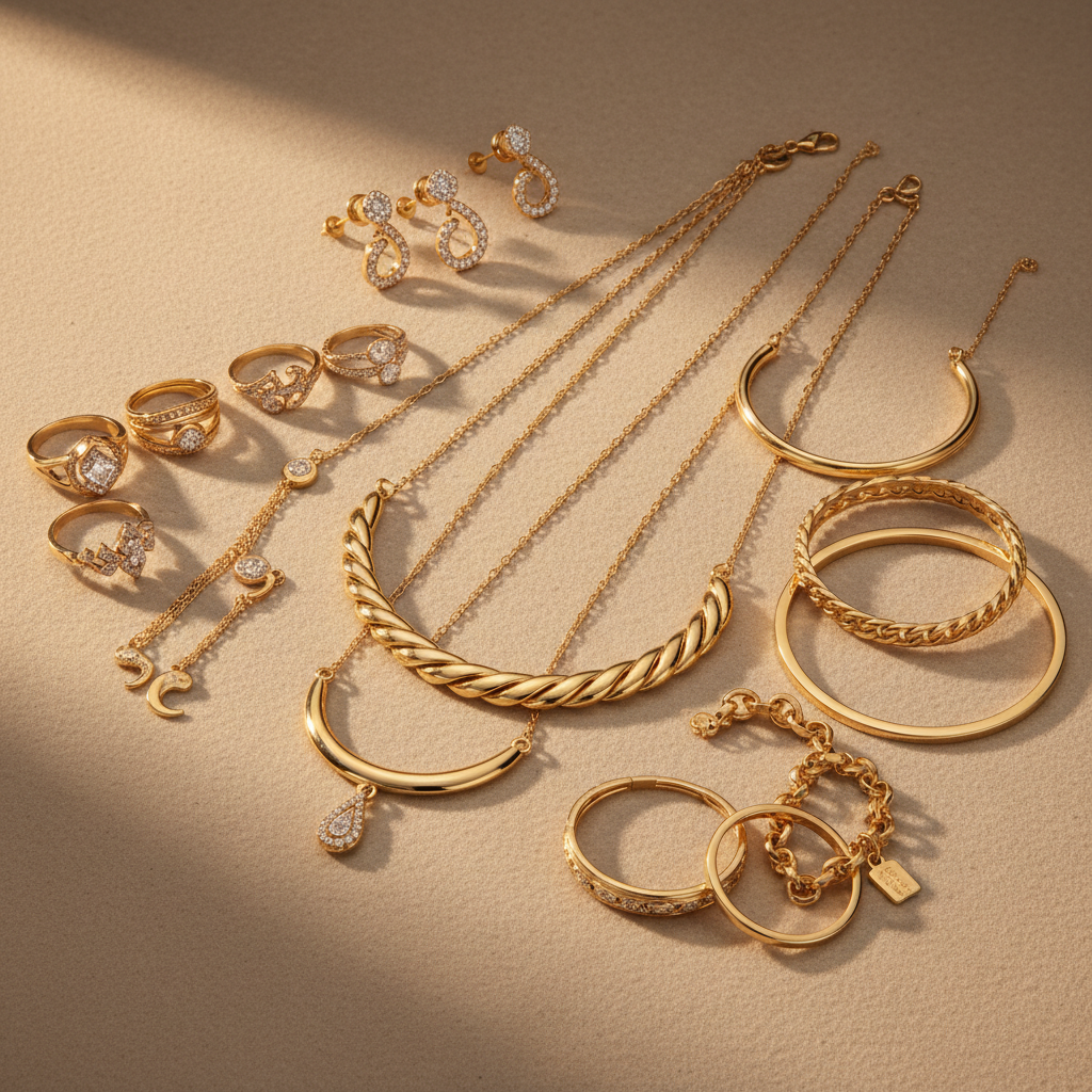 Elegant gold jewelry collection on neutral background
